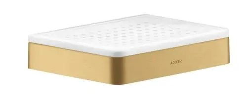 Seifenschale mit einer weißen Oberseite und einer brushed goldfarbenen Unterseite, gekennzeichnet mit dem Logo der Marke AXOR.